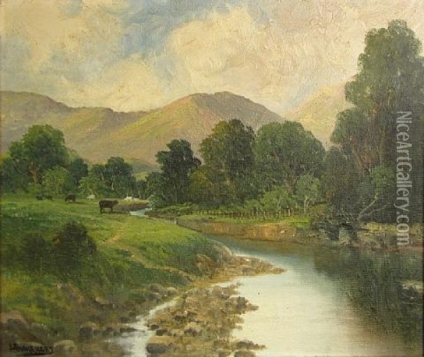 River Landscape With Mountains In The Distance Oil Painting - John Englehart
