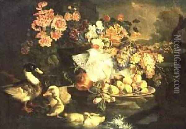 Still Life of Fruit and Flowers with a Duck Drake and Ducklings Oil Painting - Francesco Morosini
