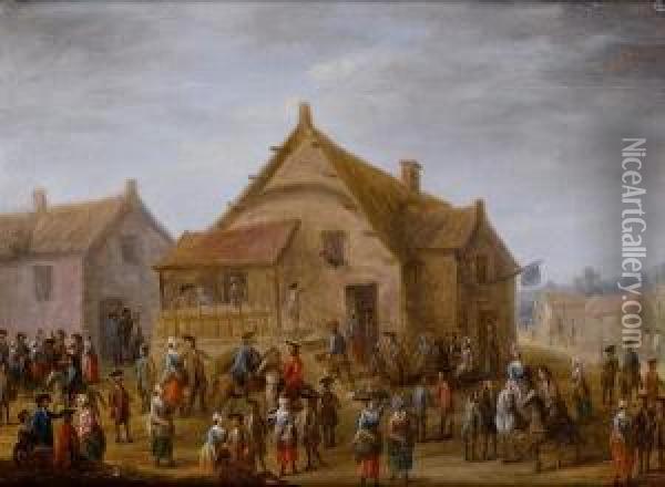 Horsemen And Peasants On A Crowded Villagestreet Oil Painting - Joseph van Aken