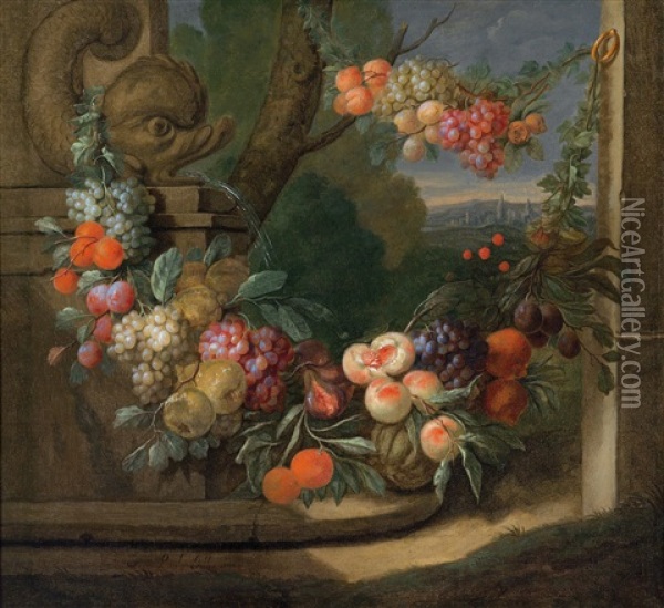 Ein Fruchtgehange An Einem Brunnen Vor Landschaftshintergrund Oil Painting - Jan Pauwel Gillemans The Elder