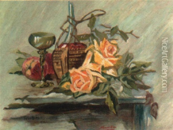 Stilleben Mit Rosen, Pfirsichen, Weinflasche Und Glas Oil Painting - Ferdinand Dorsch