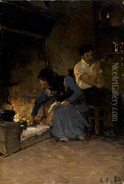 Al Focolare Oil Painting - Lorenzo Delleani