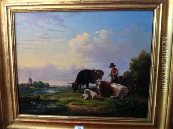 Troupeau Et Son Vacher Dans Un Paysage Au Moulin Oil Painting - August Ferdinand Ottevaere