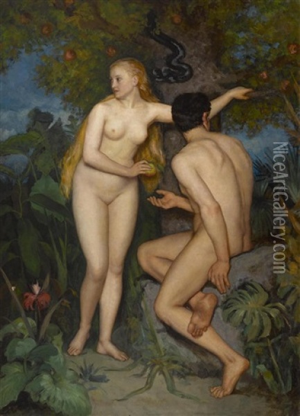 Adam And Eve In The Garden Of Eden Oil Painting - Carl Ludvig Frid