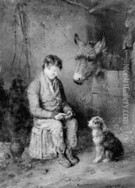 A Peasant In A Stall With A Donkey And Terrier Oil Painting - Edmund Bristow