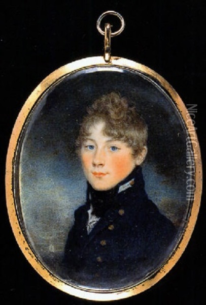 A Midshipman, Called St. John, In Blue Uniform With Gold Buttons, Gold Button Within White Button-hole Oil Painting - Thomas Hargreaves