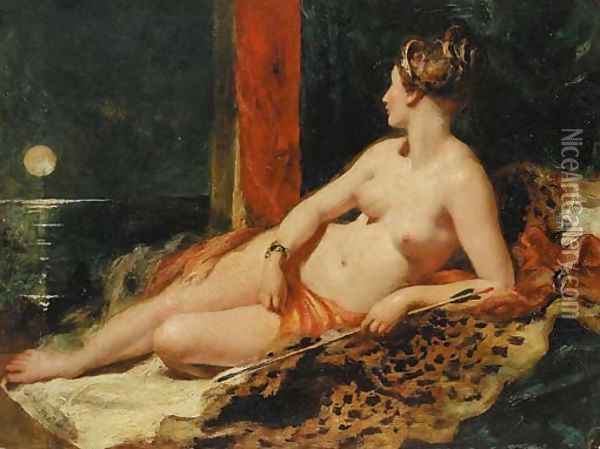 Venus reclining, holding an arrow, looking towards a full moon Oil Painting - William Etty