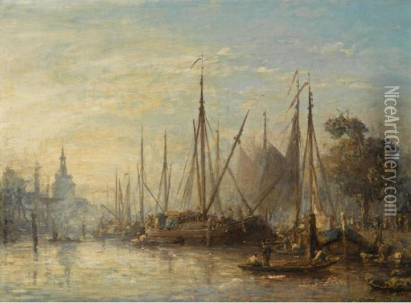 Le Port De Rotterdam, Au Fond Le Hoofdpoort Oil Painting - Johan Barthold Jongkind