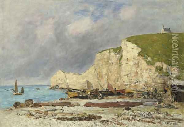 Etretat Barques echouees et falaise d'amont Oil Painting - Eugene Boudin