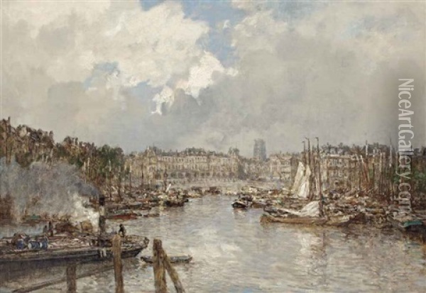 A View Of The Leuvehaven And The Vischmarkt, With The Laurenskerk Beyond, Rotterdam Oil Painting - Johan Hendrik van Mastenbroek