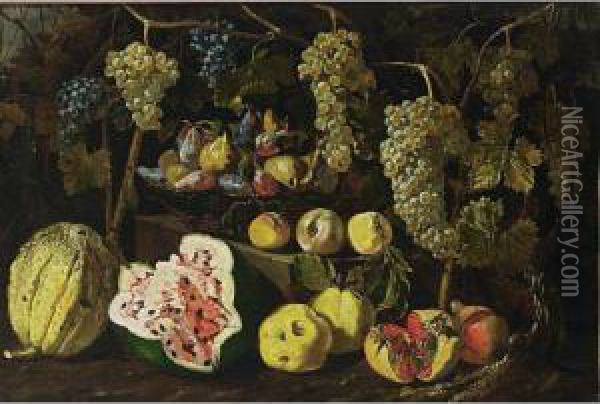 A Still Life With A Watermelon, A
 Melon, Pomegranates, Peaches, And Grapes Together With Figs And Plums 
In A Basket On A Stone Ledge Oil Painting - Giovan Battista Ruoppolo