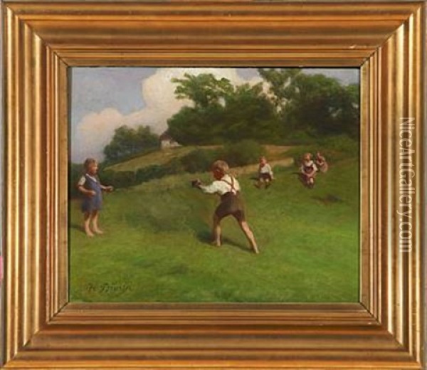 Playing Children On A Grass Field Oil Painting - Hans Ole Brasen