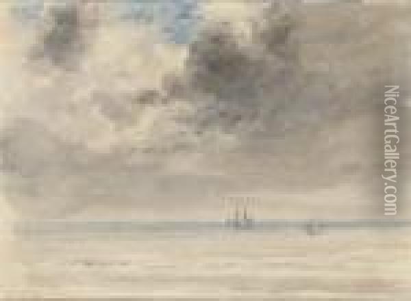 Distant Shipping Beneath Stormy Skies Oil Painting - William Henry Hunt