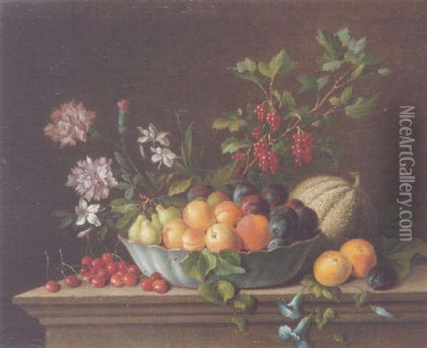 Still Life Of Peaches, Pears And Plums In A Blue Porcelain Bowl, With Cherries, A Honey Melon And Red Currants, All Upon A Stone Ledge Oil Painting - Gabriel (Gaspard) Gresly