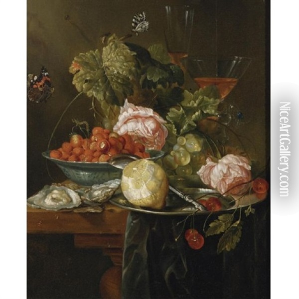 Still Life Of Strawberries, Oysters And A Peeled Lemon Oil Painting - Jan Davidsz De Heem