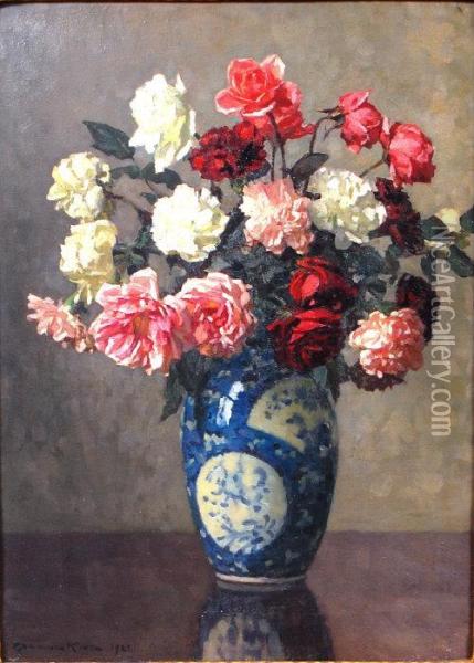 Still Life, Carnations And Roses Oil Painting - William Gunning King