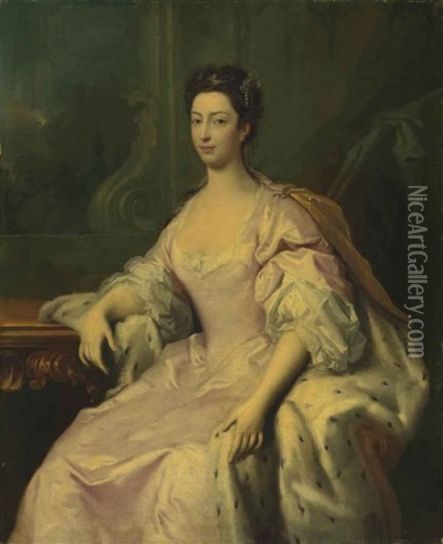 Portrait Of Princess Caroline Elizabeth (1713-1757), Daughter Of King George Ii, Three-quarter-length, In A Pink Dress And Ermine-lined Cloak Oil Painting - Jacopo Amigoni