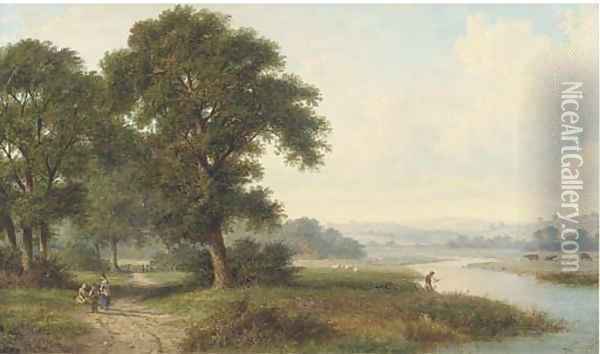 Children resting by a riverside path Oil Painting - William Heath