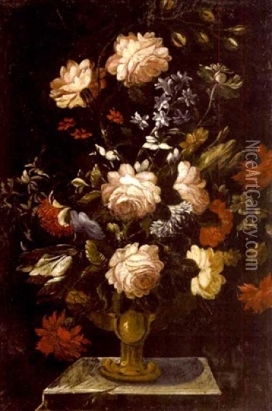 A Still Life With Flowers In A Vase On A Pedestal (+ Another; Pair) Oil Painting - Gabriel de LaCorte
