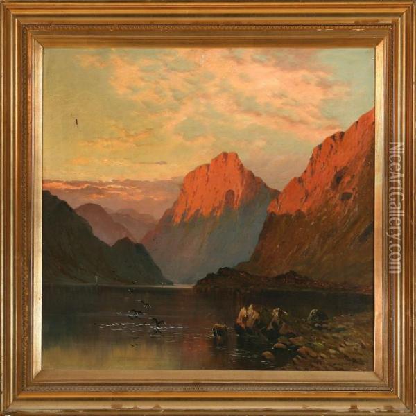 View From The Buttermere Lake District At Sunset Oil Painting - Alfred de Breanski
