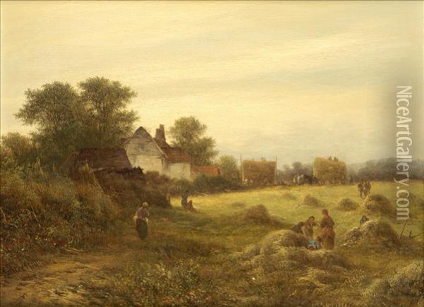 Crossways Farm,surrey; Folkestone, A View To The Coast With Figures And Windmill Apair Oil Painting - Walter Williams