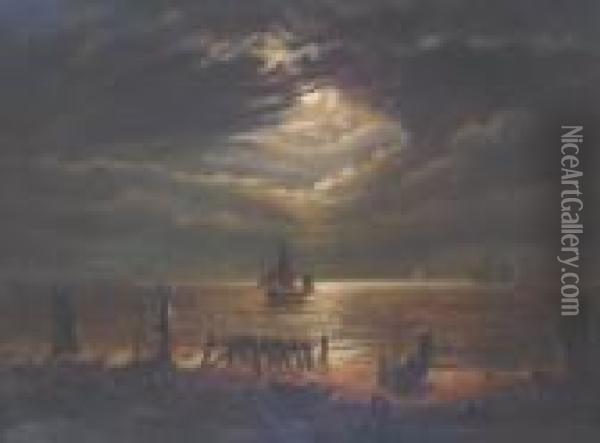 Moonlit Scene At Harwich Oil Painting - John Moore Of Ipswich
