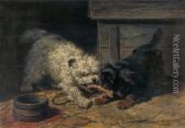 Zwei Hunde Mit Knochen Vor Ihrer Hutte Oil Painting - Henriette Ronner-Knip