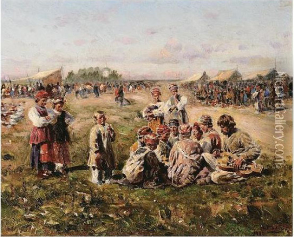Musicians At A Country Fair Oil Painting - Vladimir Egorovic Makovsky