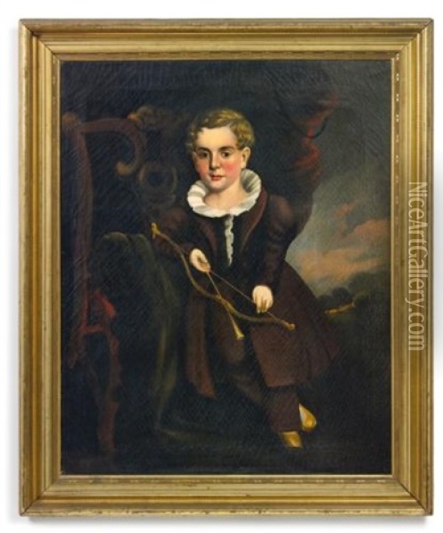 Portrait Of A Young Boy With Flounced Collar And Brown Suit Holding A Bow And Arrow, Leaning On A Chippendale Chair Oil Painting - William Matthew Prior