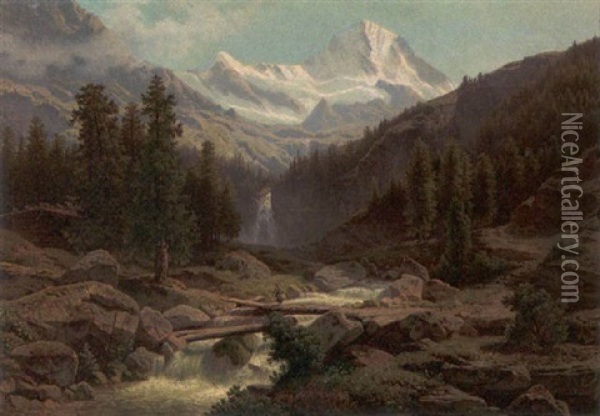 Der Schmadribach Und Das Breithorn (berner Oberland) Oil Painting - Theodor (Wilhelm T.) Nocken