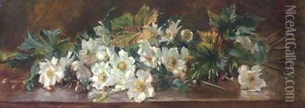 Anemones on a ledge Oil Painting - English School