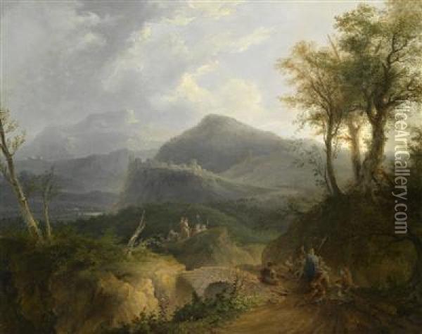 A Mountainous Landscape With A Town Andcamping Soldiers Oil Painting - Loutherbourg, Philippe de
