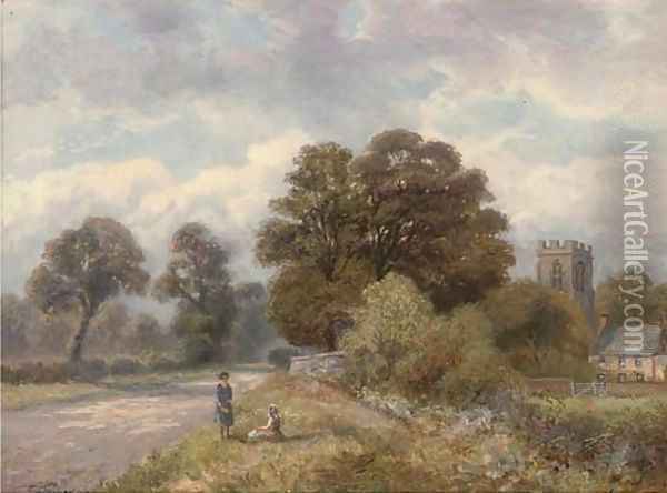 Young girls beside a country road with a church beyond Oil Painting - Enoch Crosland