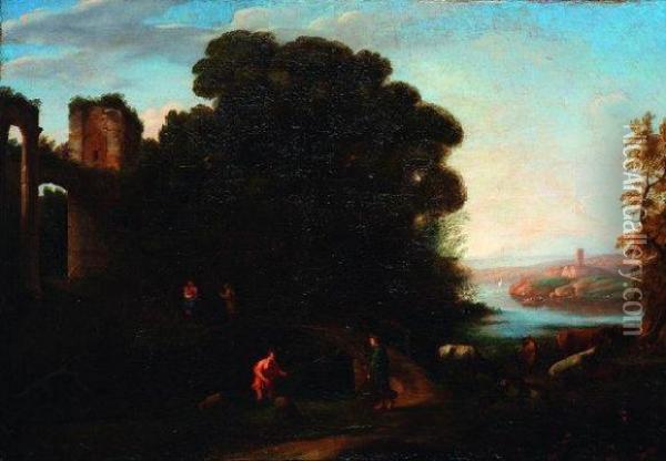 Paysage Italien
Avec Ruines Et Troupeau Au Bord Du Ruisseau Oil Painting - Herman Van Swanevelt