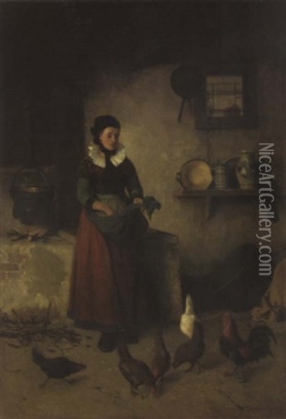 A Westphalian Peasant Girl Feeding Chickens Oil Painting - Walter Dendy Sadler