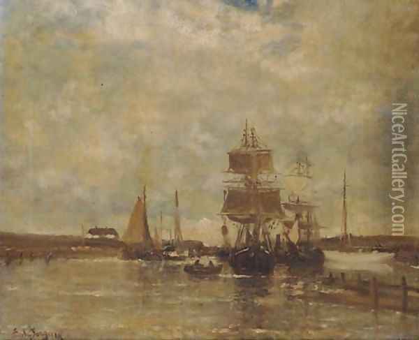 Sailingships in a harbour, Britanny Oil Painting - French School