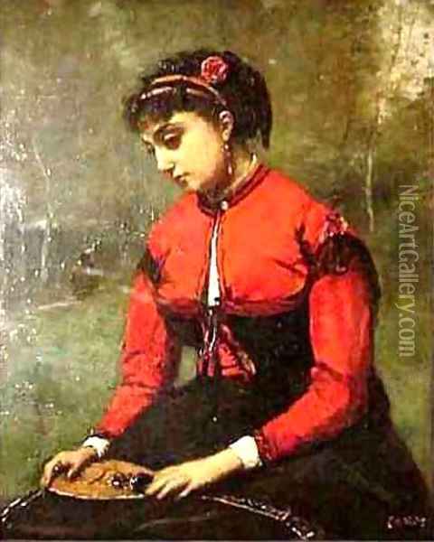 Young Woman in a Red Bodice Holding a Mandolin Oil Painting - Jean-Baptiste-Camille Corot
