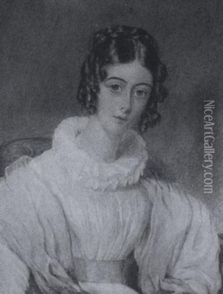Selina Milner Wearing White Dress With Yellow Waistband, Ruff And Pale Blue Shawl Oil Painting - William Egley