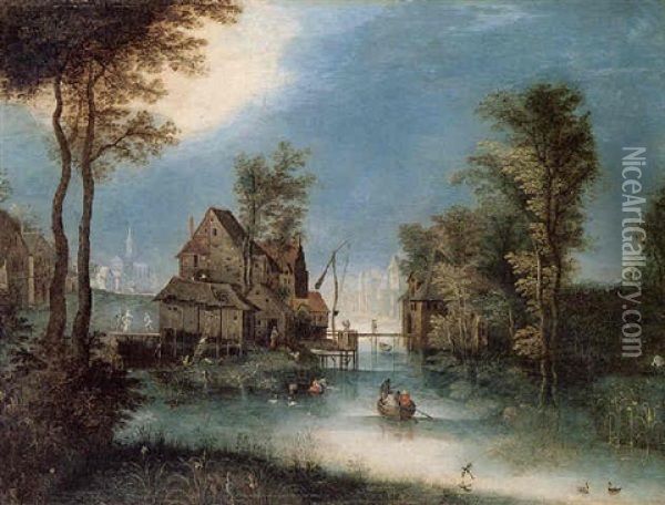 Landscape With A Village Beside A Canal Oil Painting - Jan Brueghel the Elder