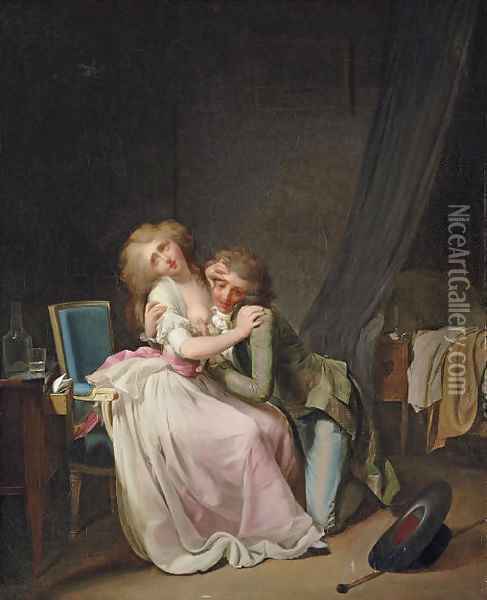 La Lutte galante (or aja ira) An amorous couple in an interior Oil Painting - Louis Leopold Boilly