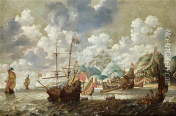 Barcos Frente A Un Puerto Fortificado Oil Painting - Cornelis Mahu