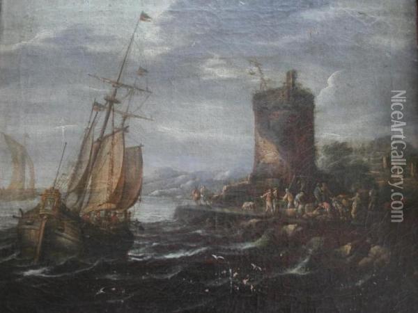 Coastal Scenes With Figures And Vessels Oil Painting - Thomas Heeremans