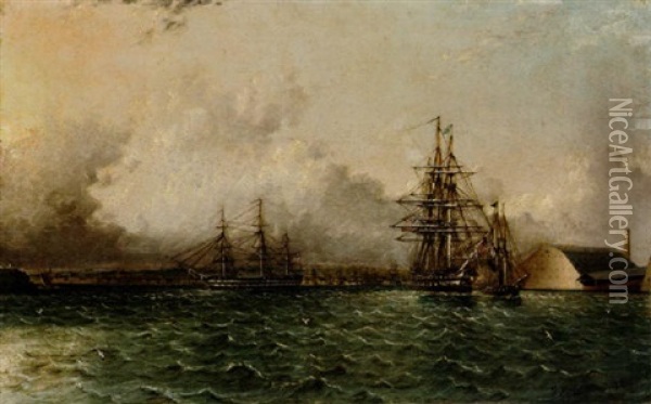 An American 74 Gun Ship In Two Positions Being Towed Off Of Chapman's Dock And The Old Brooklyn Navy Yard, East River New York Oil Painting - James Edward Buttersworth