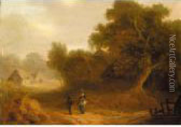 Figures In A Wooded Landscape With Cottages Beyond Oil Painting - John Rathbone