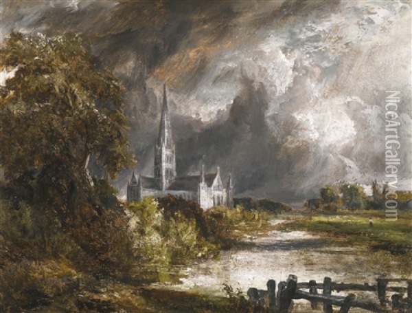 Alisbury Cathedral From The Meadows Oil Painting - John Constable
