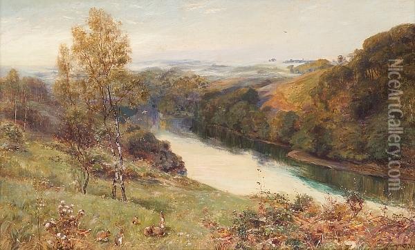 A River Landscape With Rabbits In The Foreground Oil Painting - Walker Stuart Lloyd