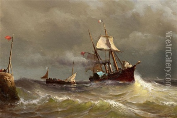 Anlandender Dampfer Vor Der Mole Oil Painting - Johan Hendrik Meyer