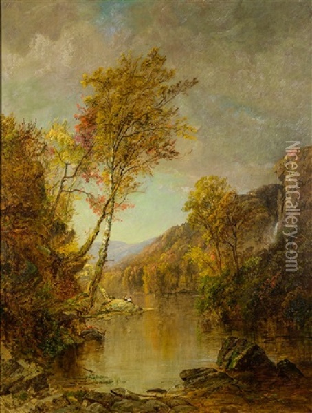 Estuary With A Man Fishing And Figures In A Rowboat Oil Painting - Jasper Francis Cropsey