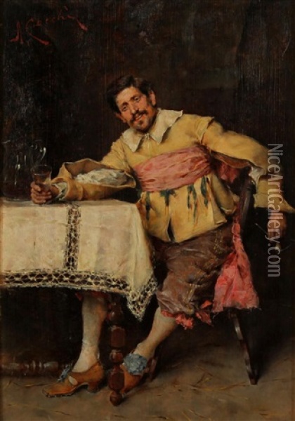 A Man Enjoying A Glass Of Wine Oil Painting - Adriano Cecchi