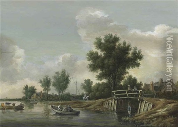 A River Landscape With An Angler On A Shore, Rowing Boats, Two Men Observing From A Bridge, A Man On Horseback And A Village Beyond Oil Painting - Pieter de Neyn